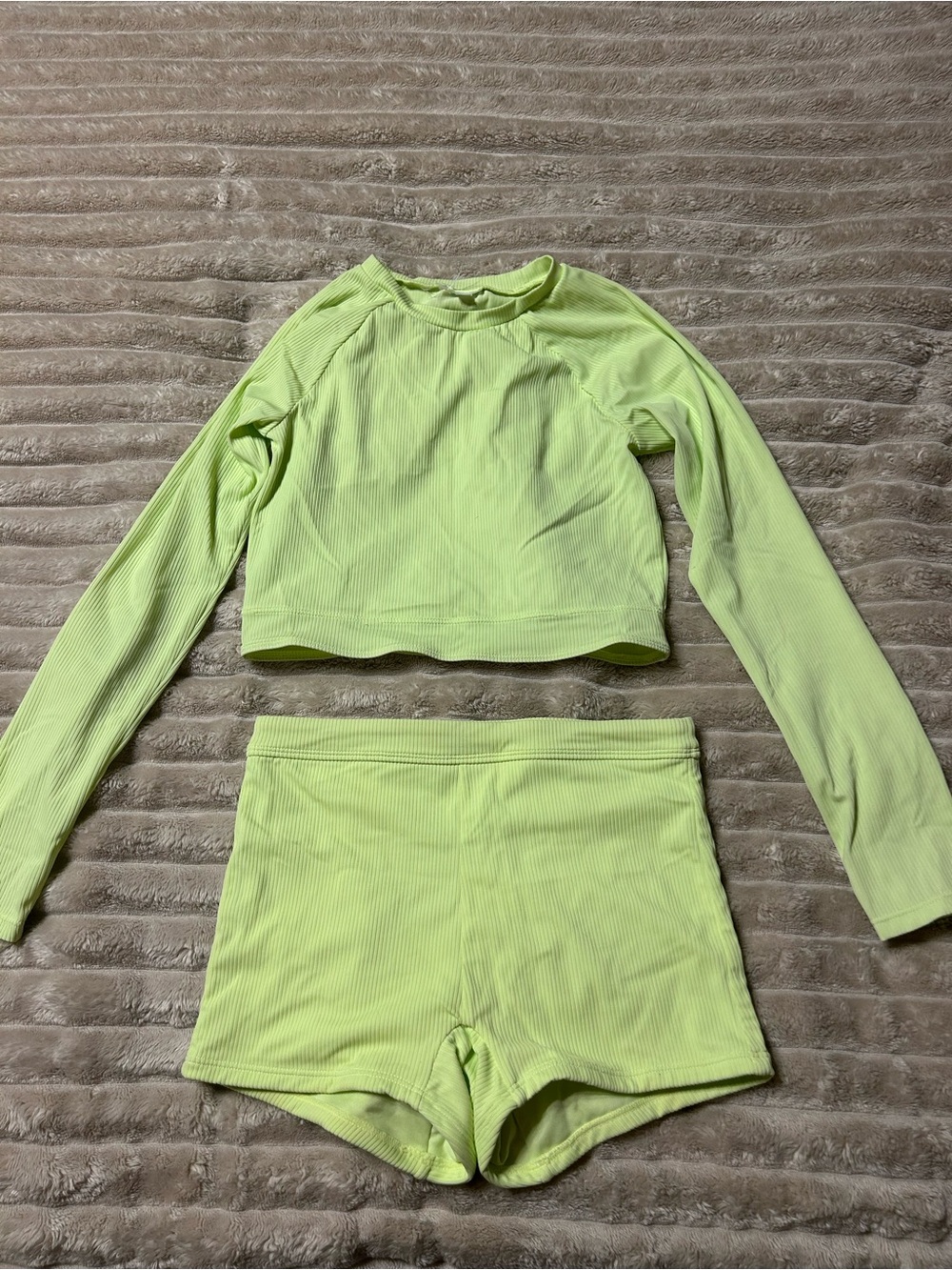 Neon Lime Ribbed Long Sleeve Crop Top & High-Waist Shorts Swim Suit